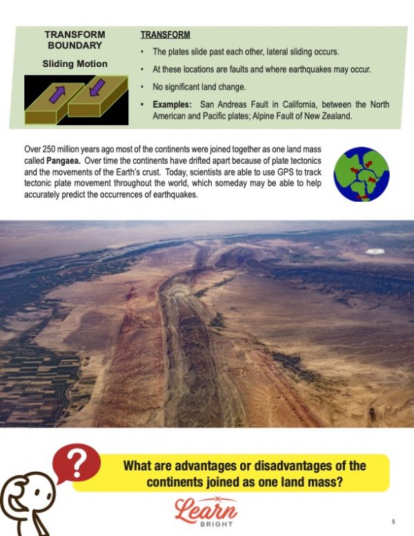This is a content page for the Plate Tectonics lesson plan. There is an aerial picture of what looks like a rift forming along the surface of the earth. There is a graphic showing two rectangles with arrows pointing in opposite directions that represent the sliding motion of plates at the transform boundary. The orange Learn Bright logo is at the bottom of the page.
