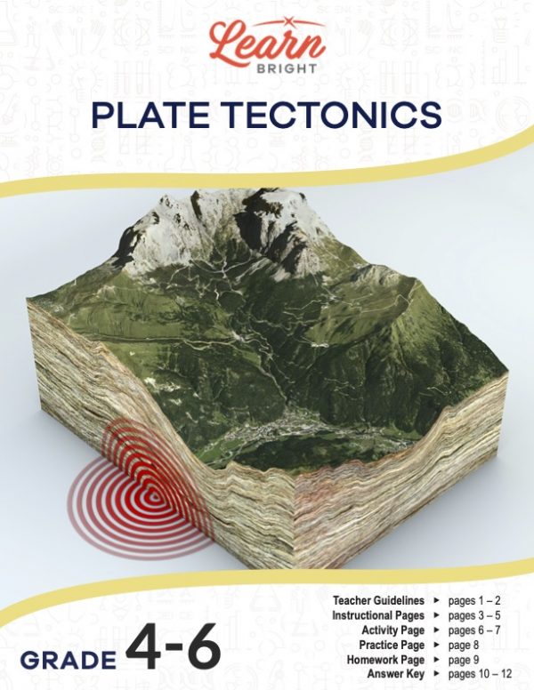 This is the title page for the Plate Tectonics lesson plan. The main image shows a diagram of a chunk of the earth showing the many layers that make up the earth. The orange Learn Bright logo is at the top of the page.