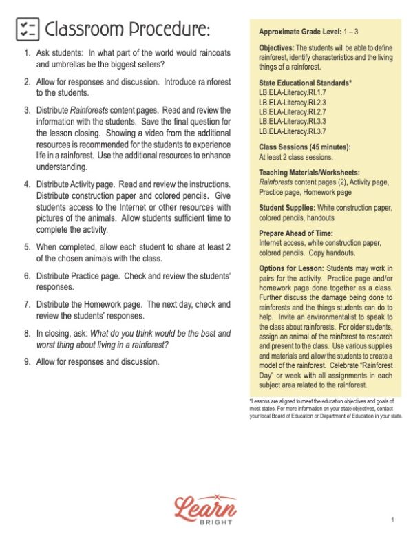 This is the teachers guide for the Rainforests lesson plan. The orange Learn Bright logo is at the bottom of the page.