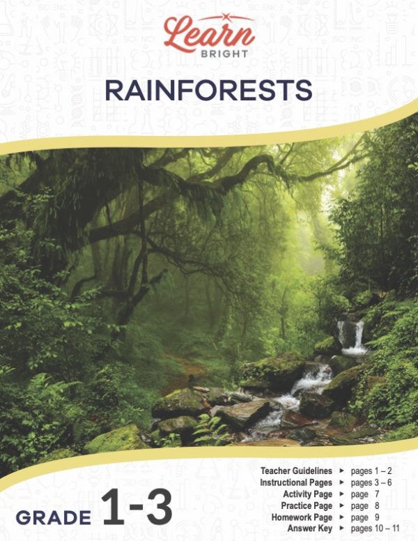 This is the title page for the Rainforests lesson plan. The orange Learn Bright logo is at the top of the page.