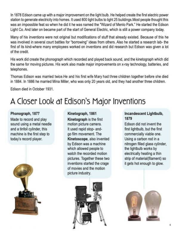 This is a content page for the Thomas Edison lesson plan. There are pictures of a phonograph, a kinetograph, and an incandescent lightbulb.
