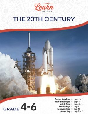 This is the title page for the 20th Century lesson plan. The main image is a picture of a rocket during take-off. The orange Learn Bright logo is at the top of the page.