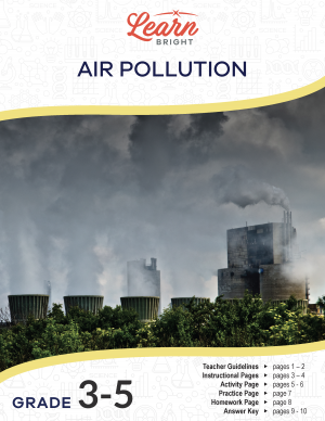 This is the title page for the Air Pollution lesson plan. The main image is of a factory emitting smoke into the air. The orange Learn Bright logo is at the top of the page.