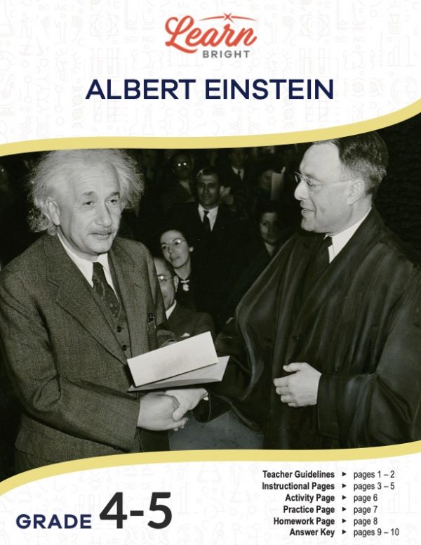 This is the title page for the Albert Einstein lesson plan. The main image is a picture of Albert Einstein shaking someone's hand. The orange Learn Bright logo is at the top of the page.