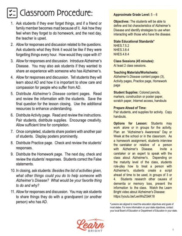 This is the teachers guide for the Alzheimer's Disease lesson plan. The orange Learn Bright logo is at the bottom of the page.