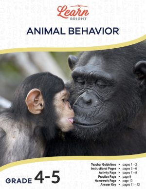 This is the title page for the Animal Behavior lesson plan. The main image is of a gorilla parent with a baby gorilla licking the parent's lips. The orange Learn Bright logo is at the top of the page.