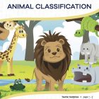 This is the title page for the Animal Classification lesson plan. The main image is an illustration of safari animals such as a lion, giraffe, elephant, snake, monkey, and hippo. The orange Learn Bright logo is at the top of the page.