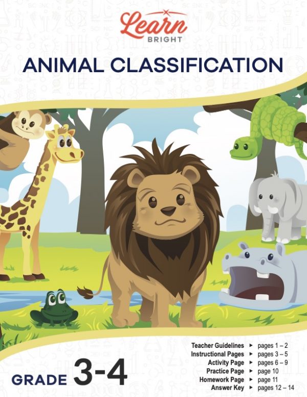 This is the title page for the Animal Classification lesson plan. The main image is an illustration of safari animals such as a lion, giraffe, elephant, snake, monkey, and hippo. The orange Learn Bright logo is at the top of the page.