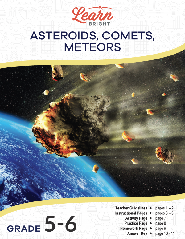 This is the title page for the Asteroids, Comets, Meteors lesson plan. The main image is of a meteor approaching the earth's surface. The orange Learn Bright logo is at the top of the page.