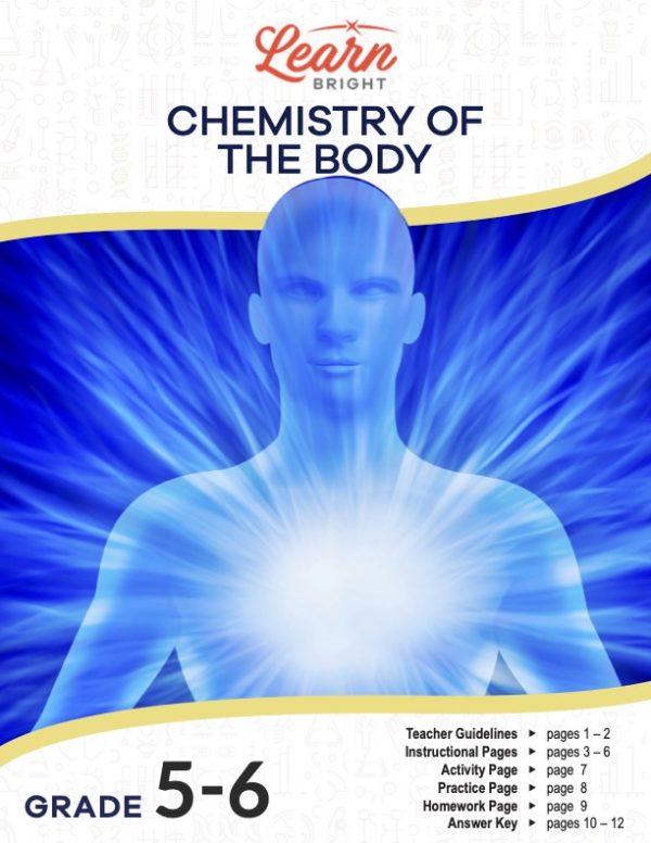 This is the title page for the Chemistry of the Body lesson plan. The main image is a blue graphic of a male bust with a light source bursting from the chest. The orange Learn Bright logo is at the top of the page.