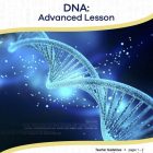 This is the title page for the DNA: Advanced Lesson lesson plan. The main image is a picture of a bright blue double helix against a dark background. The orange Learn Bright logo is at the top of the page.