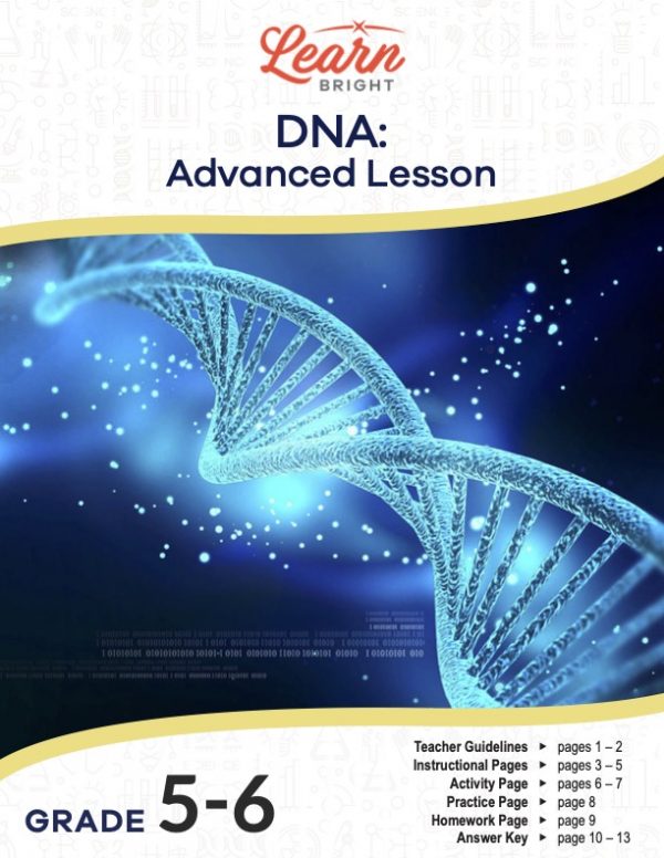 This is the title page for the DNA: Advanced Lesson lesson plan. The main image is a picture of a bright blue double helix against a dark background. The orange Learn Bright logo is at the top of the page.