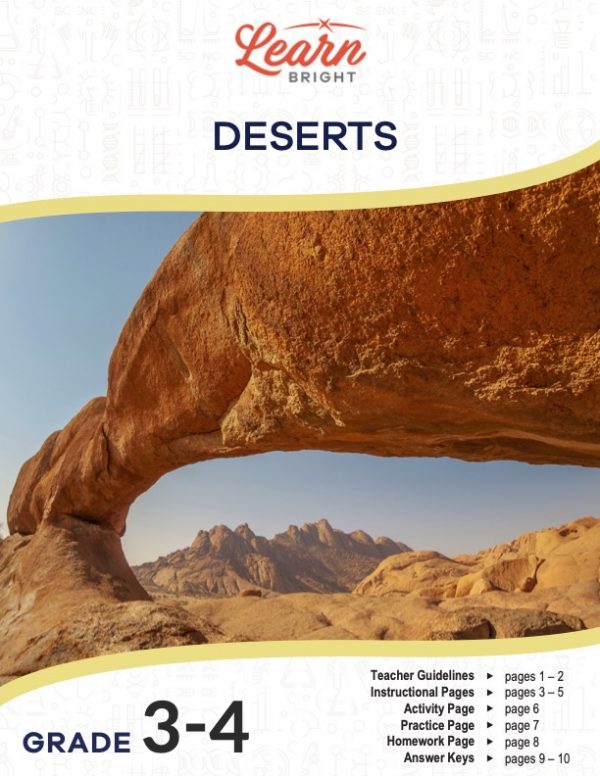 This is the title page for the Deserts lesson plan. There is a picture of a desert with a giant rock arch. The orange Learn Bright logo is at the top of the page.