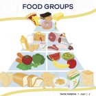This is the title page for the Food Groups lesson plan. The main image is a picture of a food pyramid with different foods representing the food groups. The orange Learn Bright logo is at the top of the page.