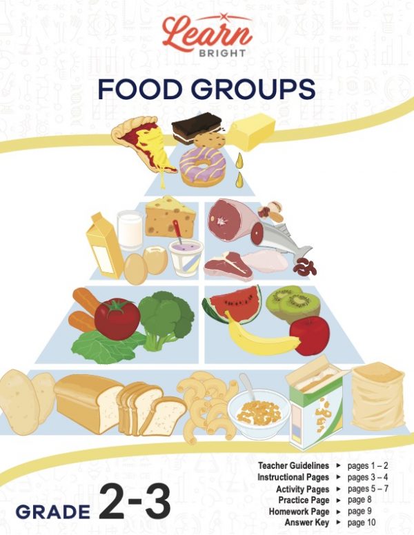 This is the title page for the Food Groups lesson plan. The main image is a picture of a food pyramid with different foods representing the food groups. The orange Learn Bright logo is at the top of the page.