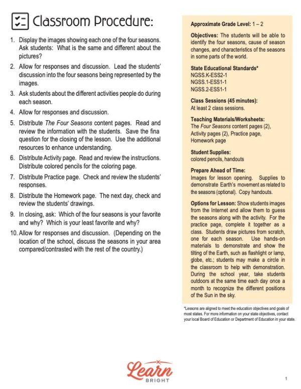 This is the classroom procedure page for the Four Seasons lesson plan. The orange Learn Bright logo is at the bottom of the page.