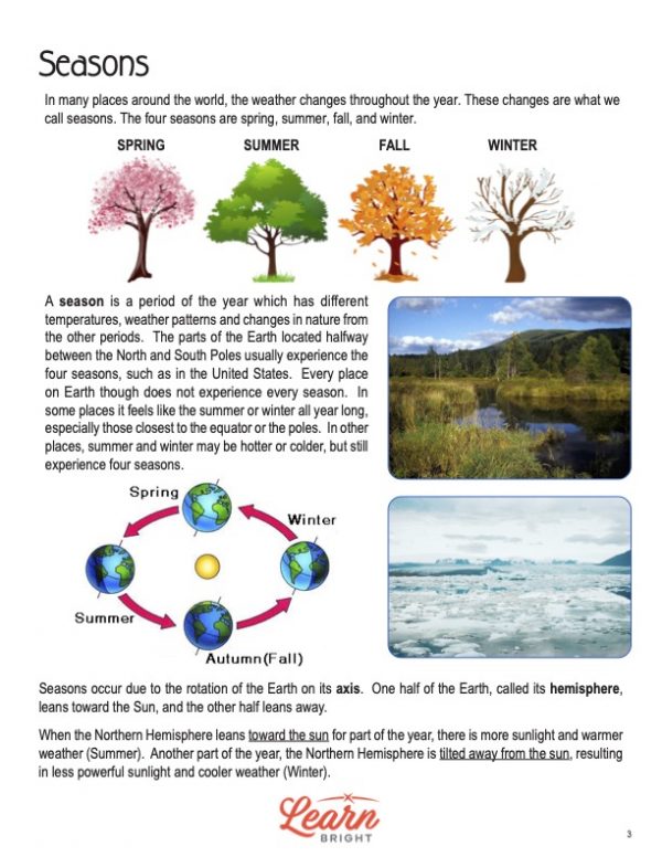 This is a content page for the Four Seasons lesson plan. There is a picture of a creek running through a marshy area next to green hills. There is a picture of an area in the Arctic or in Antarctica. There is a graphic showing what the earth looks like around the sun during the different seasons. There is a group of pictures showing a tree in the spring, summer, fall, and winter seasons. The orange Learn Bright logo is at the bottom of the page.