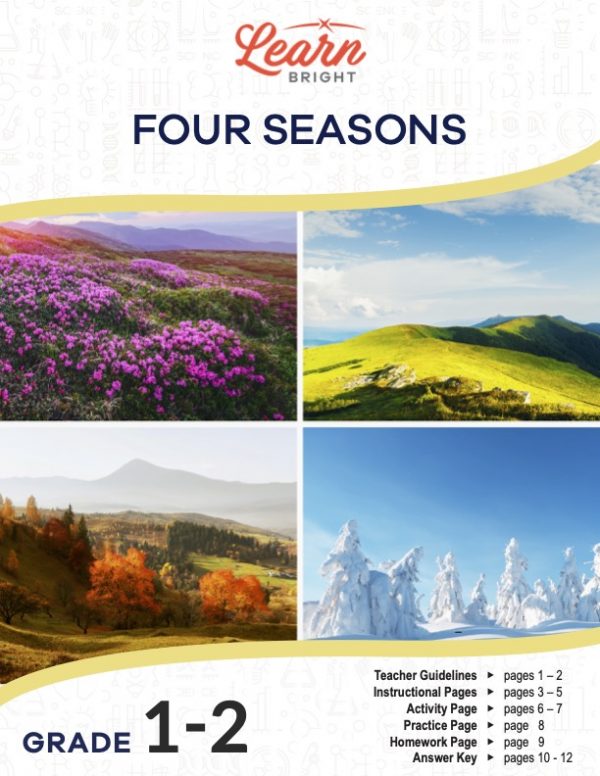This is the title page for the Four Seasons lesson plan. The main image shows four pictures that represent the four seasons. The orange Learn Bright logo is at the top of the page.