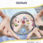 This is the title page for the Germs lesson plan. The main image is a photo of a person's hands with a magnifying glass in front of them. There are illustrations of germs in the area of the magnifying glass. The orange Learn Bright logo is at the top of the page.