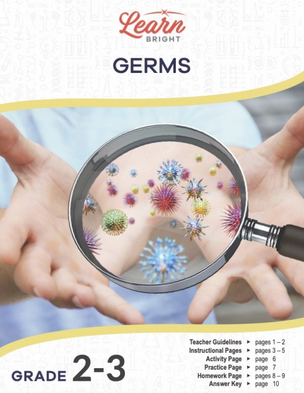 This is the title page for the Germs lesson plan. The main image is a photo of a person's hands with a magnifying glass in front of them. There are illustrations of germs in the area of the magnifying glass. The orange Learn Bright logo is at the top of the page.