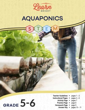 This is the title page for the Aquaponics STEM lesson plan. The main image is a photograph of a person tending to some plants that are part of an aquaponics farming system. The orange Learn Bright logo is at the top of the page.