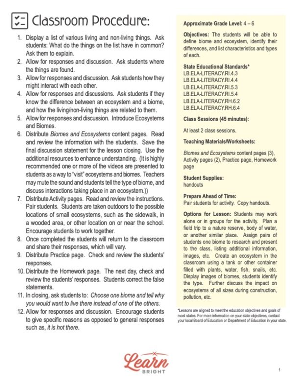 This is the classroom procedure page for the Biomes and Ecosystems lesson plan. The orange Learn Bright logo is at the bottom of the page.