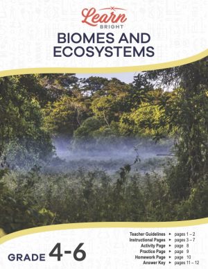 This is the title page for the Biomes and Ecosystems lesson plan. The main image is of some fog in a forest. The orange Learn Bright logo is at the top of the page.