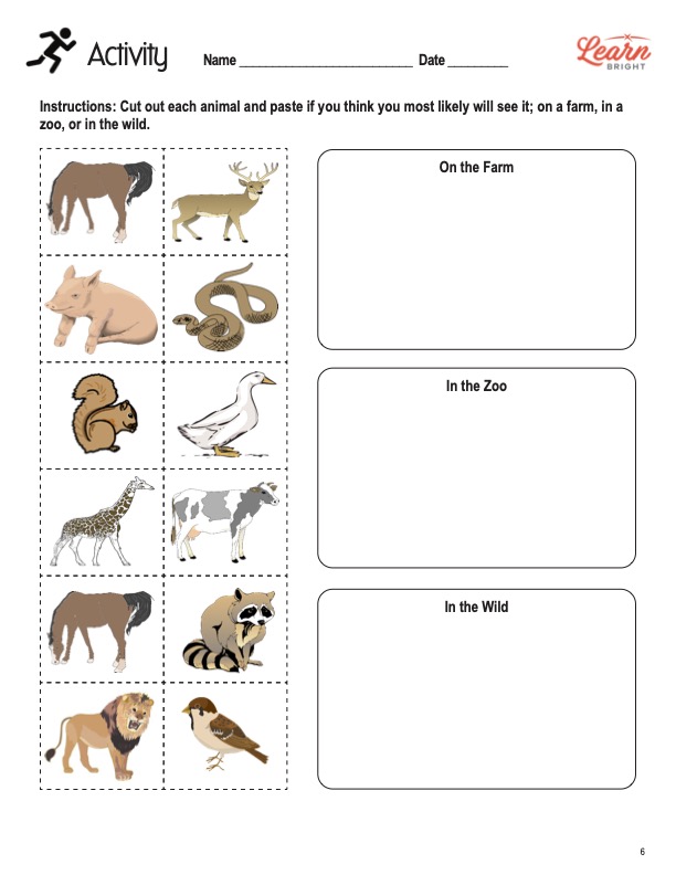 This is the activity worksheet for the Farm Animals lesson plan. There are pictures of different animals, such as a duck, a lion, and a deer. The orange Learn Bright logo is in the top-right corner of the page.