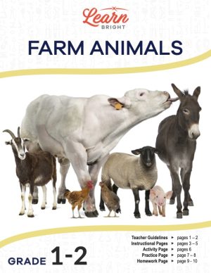 This is the title page for the Farm Animals lesson plan. The main image shows pictures of different farm animals, such as a cow, a chicken, and a pig.