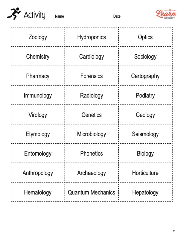 This is the activity worksheet for the Fields of Science lesson plan. The orange Learn Bright logo is in the top-right corner of the page.