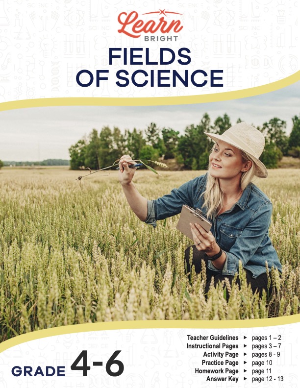 This is the title page for the Fields of Science lesson plan. The main image is of a woman in the middle of a wheat field holding a strand of wheat in one hand and a clipboard in the other. The orange Learn Bright logo is at the top of the page.