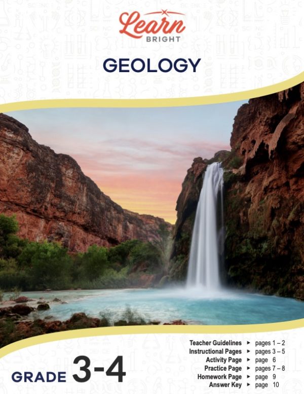 This is the title page for the Geology lesson plan. The main image is of a waterfall spilling over a cliff into a small lake with a sunset in the background. The orange Learn Bright logo is at the top of the page.