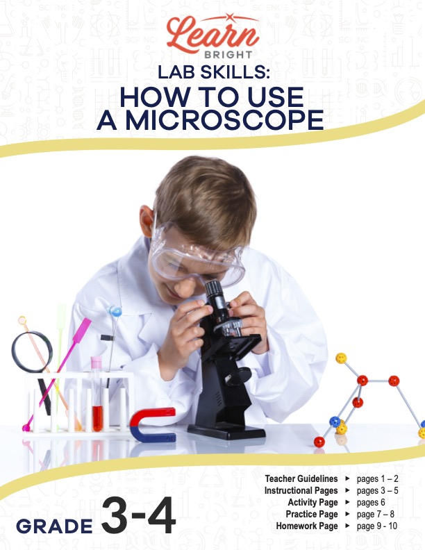 This is the title page for the How to Use a Microscope lesson plan. The main image is of a boy peering into a microscope. He is wearing a lab coat. Other science-related objects are on the counter next to the microscope. The orange Learn Bright logo is at the top of the page.