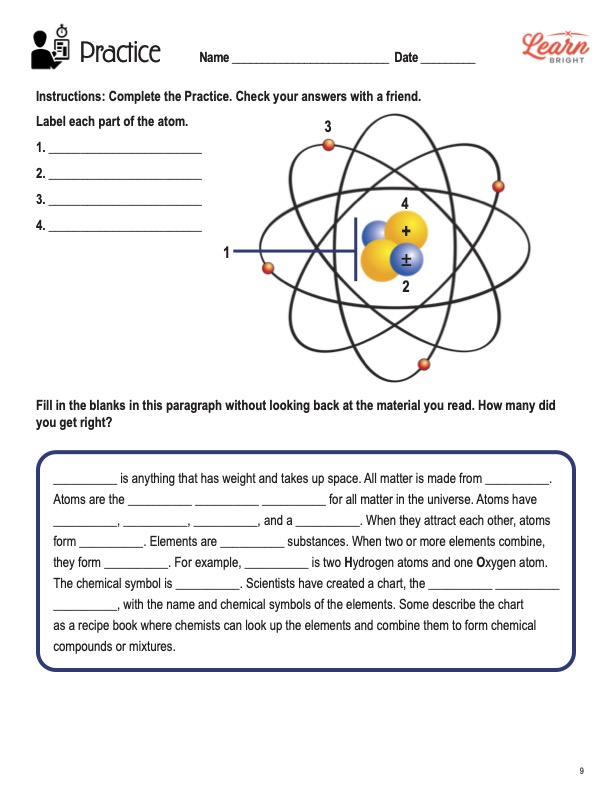 This is the practice worksheet for the Introduction to Atoms lesson plan. There is a diagram of an atom. The orange Learn Bright logo is in the top-right corner of the page.