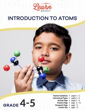 This is the title page for the Introduction to Atoms lesson plan. The main image is of a boy holding a model of a molecule. The orange Learn Bright logo is at the top of the page.
