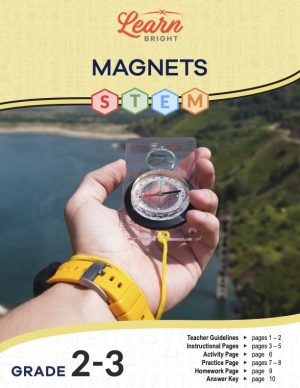 This is the title page for the Magnets STEM lesson plan. The main image is of a person's hand holding a compass. A lake and trees are in the background. The orange Learn Bright logo is at the top of the page.