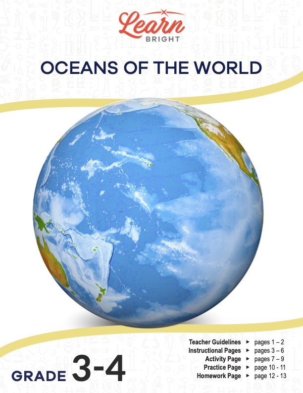This is the title page for the Oceans of the World lesson plan. The main image is of a globe of the earth showing the Pacific Ocean. The orange Learn Bright logo is at the top of the page.