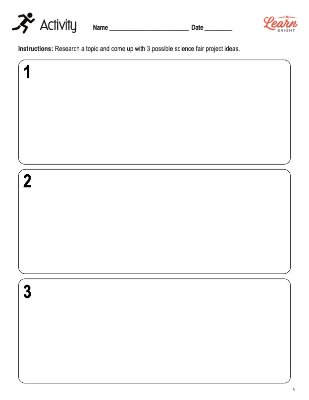 This is the activity worksheet for the Science Fair Projects STEM lesson plan. The orange Learn Bright logo is in the top-right corner of the page.