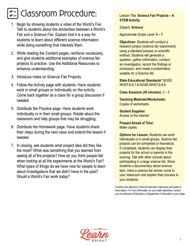 This is the classroom procedure page for the Science Fair Projects STEM lesson plan. The orange Learn Bright logo is at the bottom of the page.