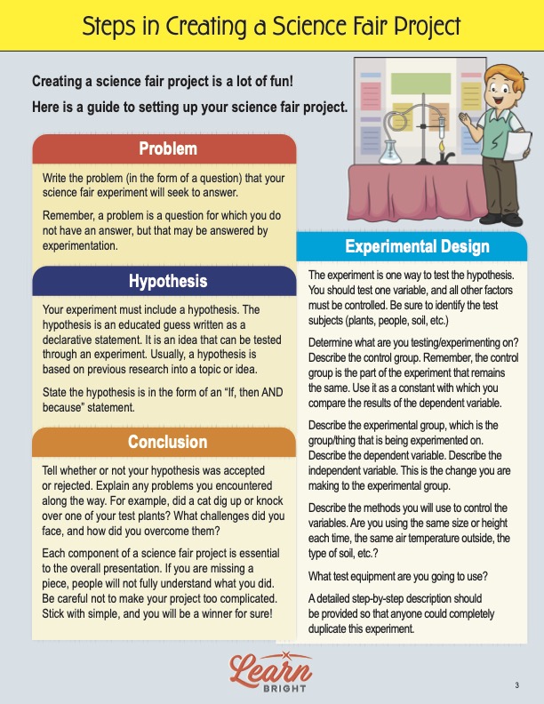 This is a content page for the Science Fair Projects STEM lesson plan. There is a graphic of a boy presenting his science fair project. The orange Learn Bright logo is at the bottom of the page.
