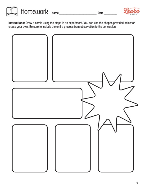 This is the homework page for the Simple Science Experiment STEM lesson plan. There are a number of boxes and a star burst shape. The orange Learn Bright logo is in the top-right corner of the page.