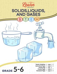 This is the title page for the Solids, Liquids, and Gases STEM lesson plan. The main image shows steam coming off of the water in a pot, water coming out of a faucet, and ice cubes. The orange Learn Bright logo is at the top of the page.