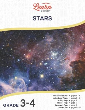 This is the title page for the Stars lesson plan. The main image is of outer space, showing lots of stars with colorful dusty galaxies. The orange Learn Bright logo is at the top of the page.