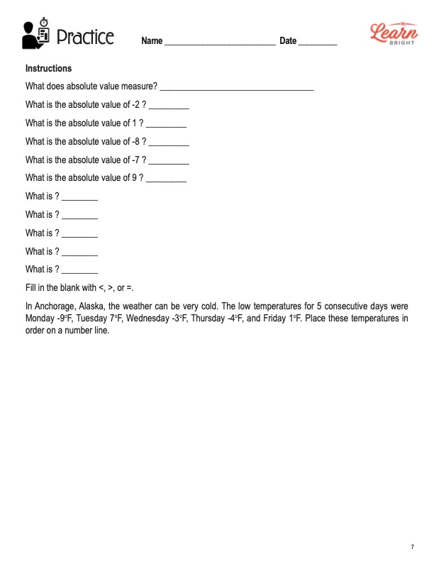 This is the practice worksheet for the Absolute Value Comparisons lesson plan. The orange Learn Bright logo is in the top-right corner of the page.