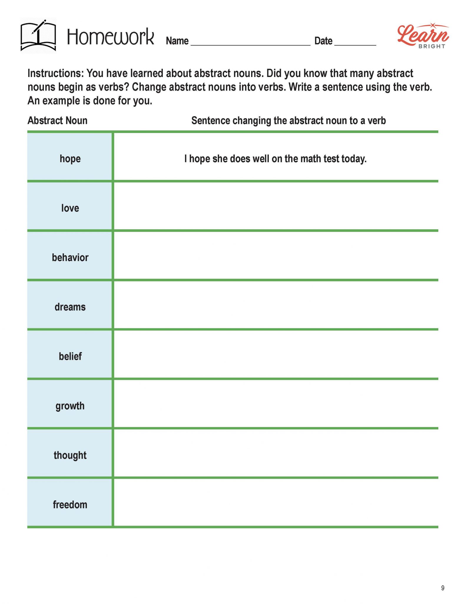 Abstract Nouns, Free PDF Download Learn Bright