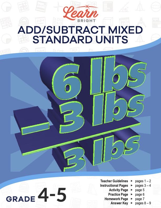 This is the title page for the Add-Subtract Mixed Standard Units lesson plan. The main image is an equation showing that three pounds subtracted from six pounds equals three pounds. The orange Learn Bright logo is at the top of the page.