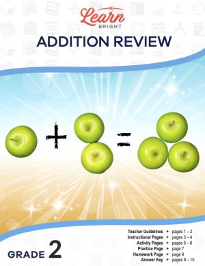 This is the title page for the Addition Review lesson plan. The main image is of six apples that represent the expression 1 + 2 = 3. The orange Learn Bright logo is at the top of the page.