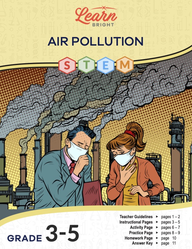 This is the title page for the Air Pollution STEM lesson plan. The main image is an illustration of people wearing masks and coughing with smoke stacks in the background. The orange Learn Bright logo is at the top of the page.