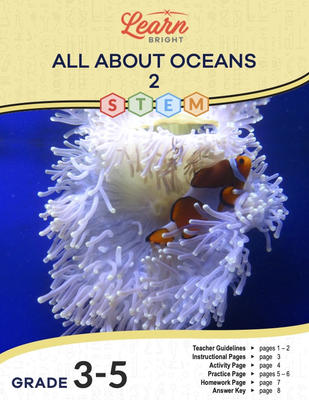This is the title page for the All about Oceans STEM 2 lesson plan. The main image is of an anemone and a clown fish. The orange Learn Bright logo is at the top of the page.