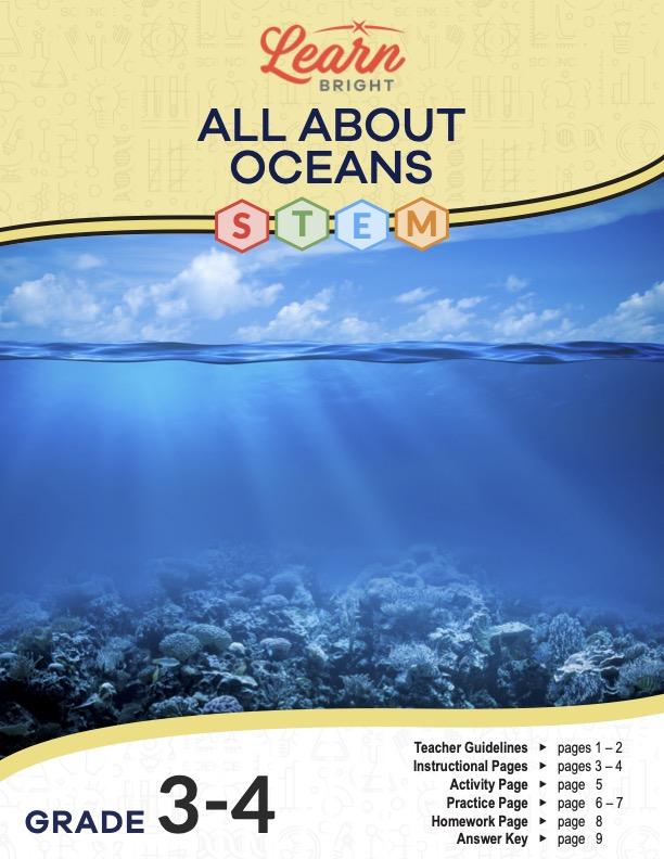 This is the title page for the All about Oceans STEM lesson plan. The main image is a view of coral beneath the ocean's surface. The orange Learn Bright logo is at the top of the page.